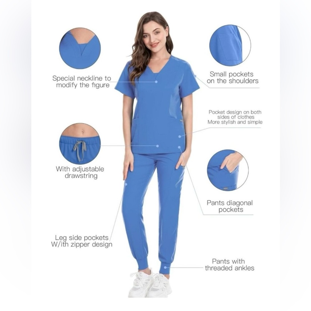 Black Niaahinn  Scrubs 2 piece Set with Light Gray Stitching and joggers XS - Picture 15 of 16